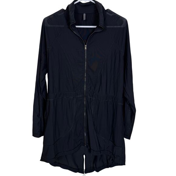 Vimmia Black Mesh Active Jacket Medium Zip Front Hooded Longline Windbreaker EUC - Picture 1 of 8